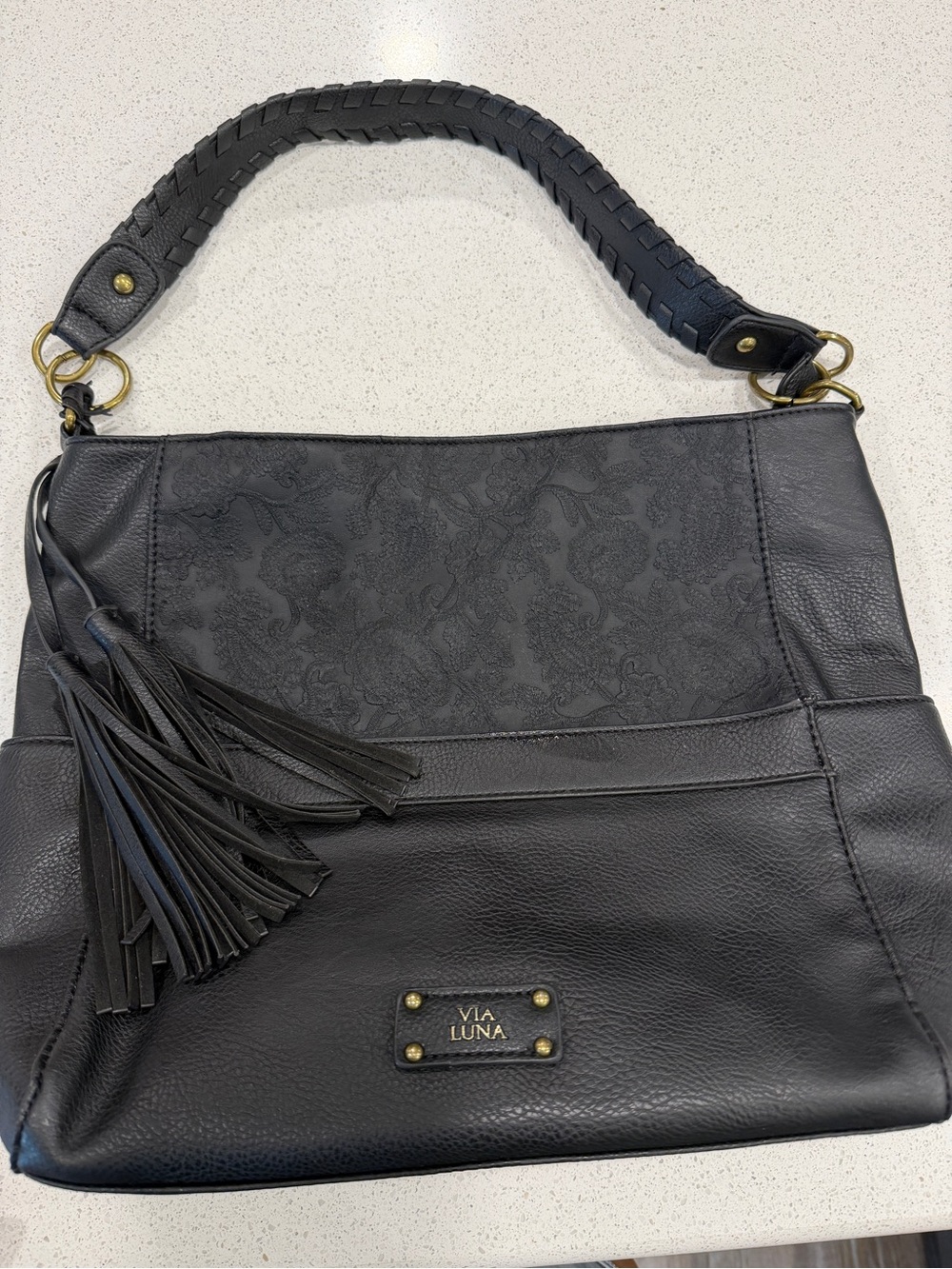 Via Luna Black Pebbled & Embossed Floral Hobo Shoulder Bag with Tassel